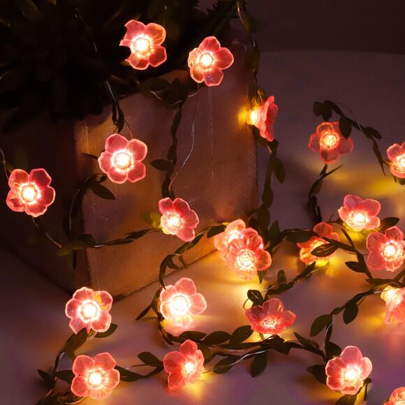 Cherry Blossom String Lights 30 LED Pink Flower Garland Fairy Lights Battery - Picture 5 of 9